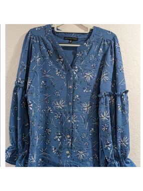 Adrienne Vittadini Blue Floral Button-Down Shirt with Ruffle Sleeves Size Small